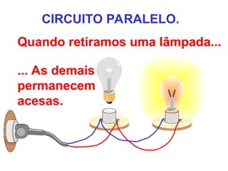 Quando retiramos uma lâmpada...
CIRCUITO PARALELO.
... As demais
permanecem
acesas.
 