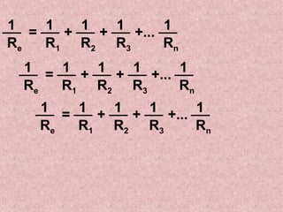 Re
1
R1
1
R2
1
R3
1
= + + +...
Rn
1
=
Re
1
R1
1
+
R2
1
+
R3
1
+...
Rn
1
=
Re
1
R1
1
+
R2
1
+
R3
1
+...
Rn
1
 