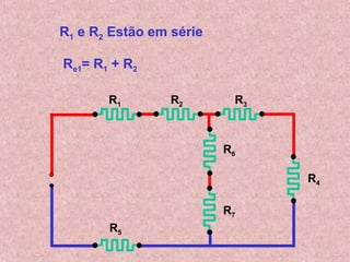 R1 e R2 Estão em série
R1 R2 R3
R4
R5
R6
R7
Re1= R1 + R2
 