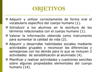 OBJETIVOS Adquirir y utilizar correctamente de forma oral el vocabulario específico del cuerpo humano (1). Introducir a los alumnos en la escritura de los términos relacionados con el cuerpo humano (1). Valorar la información obtenida como instrumento para aumentar la calidad de vida (2). Adquirir y desarrollar habilidades sociales mediante actividades grupales y reconocer las diferencias y semejanzas con los demás para lo que se incluyen 2 actividades  de sensibilización al alumnado (4). Planificar y realizar actividades y cuestiones sencillas sobre algunas propiedades elementales del cuerpo humano (14).  