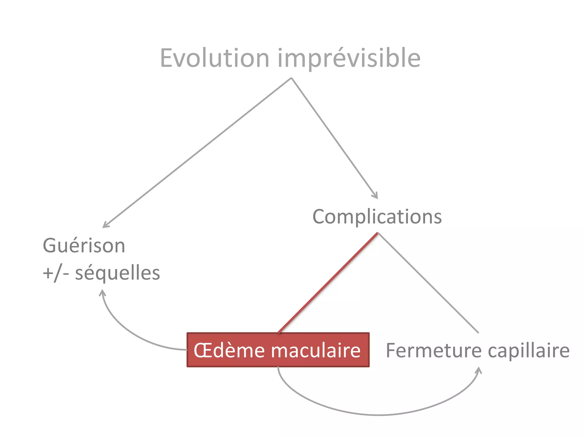 Evolution imprévisible




                          Complications
Guérison
+/- séquelles


                Œdème maculaire   Fermeture capillaire
 