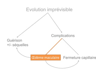 Evolution imprévisible




                          Complications
Guérison
+/- séquelles


                Œdème maculaire   Fermeture capillaire
 