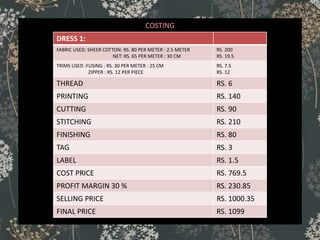 COSTING
DRESS 1:
FABRIC USED: SHEER COTTON: RS. 80 PER METER : 2.5 METER
NET: RS. 65 PER METER : 30 CM
RS. 200
RS. 19.5
TRIMS USED :FUSING : RS. 30 PER METER : 25 CM
ZIPPER : RS. 12 PER PIECE
RS. 7.5
RS. 12
THREAD RS. 6
PRINTING RS. 140
CUTTING RS. 90
STITCHING RS. 210
FINISHING RS. 80
TAG RS. 3
LABEL RS. 1.5
COST PRICE RS. 769.5
PROFIT MARGIN 30 % RS. 230.85
SELLING PRICE RS. 1000.35
FINAL PRICE RS. 1099
 