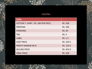 COSTING
TOPS:
COTTON T- SHIRT : RS. 200 PER PIECE RS. 200
PRINTING RS. 100
FINISHING RS. 20
TAG RS. 3
LABEL RS. 1.5
COST PRICE RS. 324.5
PROFIT MARGIN 40 % RS. 129.5
SELLING PRICE RS. 454.3
FINAL PRICE RS. 500
 
