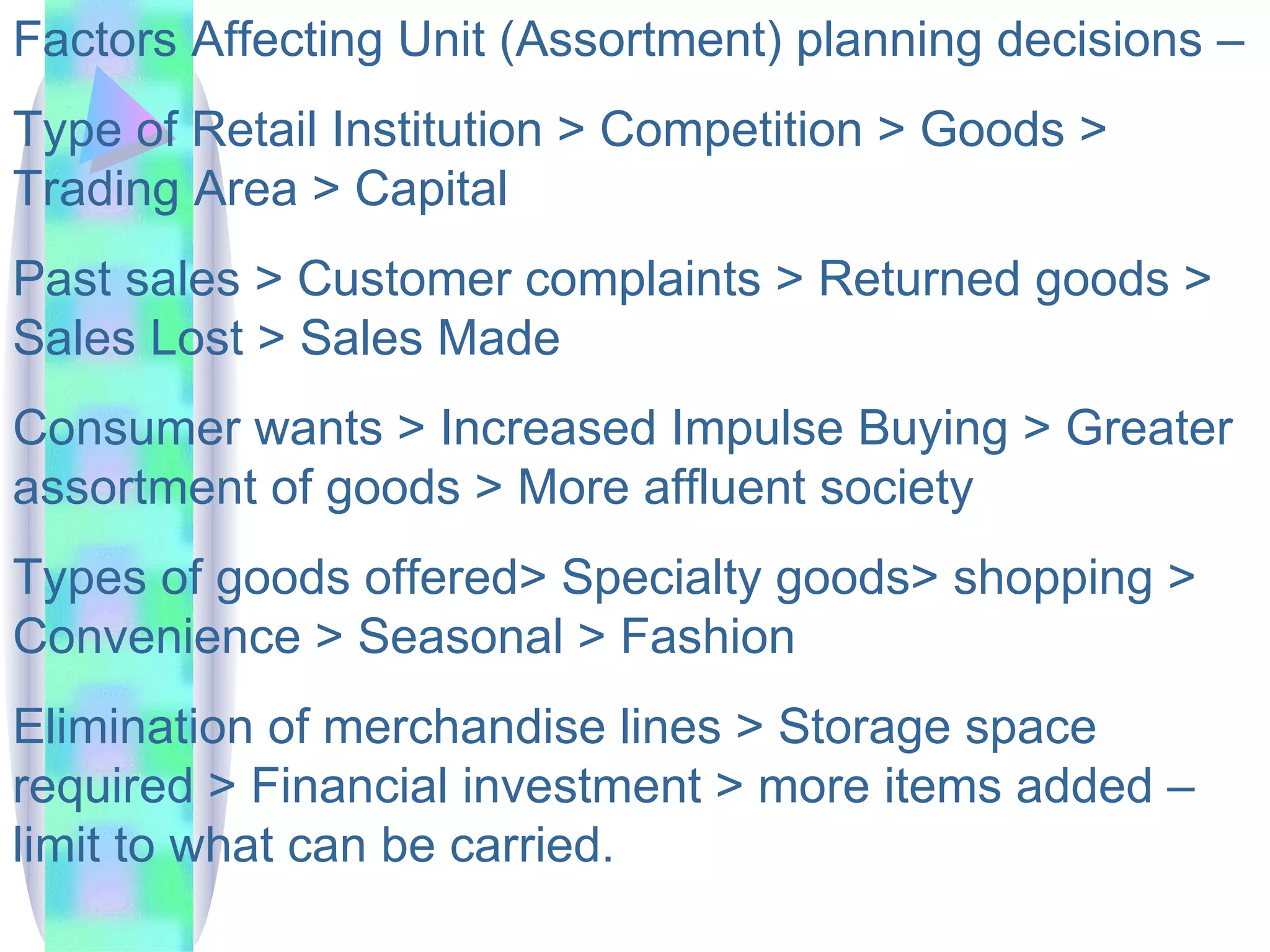 Factors Affecting Unit (Assortment) planning decisions –  Type of Retail Institution > Competition > Goods > Trading Area > Capital Past sales > Customer complaints > Returned goods > Sales Lost > Sales Made Consumer wants > Increased Impulse Buying > Greater assortment of goods > More affluent society Types of goods offered> Specialty goods> shopping > Convenience > Seasonal > Fashion Elimination of merchandise lines > Storage space required > Financial investment > more items added – limit to what can be carried.  