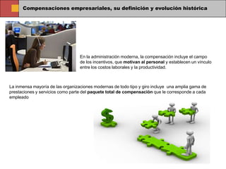 Compensaciones empresariales, su definición y evolución histórica




                                  En la administración moderna, la compensación incluye el campo
                                  de los incentivos, que motivan al personal y establecen un vínculo
                                  entre los costos laborales y la productividad.



La inmensa mayoría de las organizaciones modernas de todo tipo y giro incluye una amplia gama de
prestaciones y servicios como parte del paquete total de compensación que le corresponde a cada
empleado
 