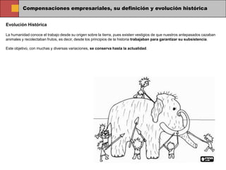 Compensaciones empresariales, su definición y evolución histórica


Evolución Histórica

La humanidad conoce el trabajo desde su origen sobre la tierra, pues existen vestigios de que nuestros antepasados cazaban
animales y recolectaban frutos, es decir, desde los principios de la historia trabajaban para garantizar su subsistencia.

Este objetivo, con muchas y diversas variaciones, se conserva hasta la actualidad.
 