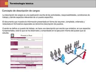 Terminología básica


Concepto de descripción de cargos
La descripción de cargos es una explicación escrita de las actividades, responsabilidades, condiciones de
trabajo y demás aspectos relevantes de un puesto especifico.

El documento que muestra la información presentada en forma de resumen, compilada, ordenada y
redactada en formularios especiales se denomina descripción de puestos.

Cuando se define un puesto de trabajo, se hace una descripción por escrito que sintetiza, en sus aspectos
fundamentales, todo lo que se ha observado y comprobado en la ejecución misma del puesto que se
estudia.
 