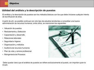 Objetivo


Utilidad del análisis y la descripción de puestos
El análisis y la descripción de puestos son los métodos básicos con los que debe iniciarse cualquier intento
de tecnificación de área.

A partir de ahí, es posible continuar con otro tipo de estudios tendientes a consolidar una buena
administración de recursos humanos; entre otros, se mencionan los siguientes:

• Valuación de puestos
• Reclutamiento y Selección
• Capacitación y desarrollo.
• Relaciones laborales
• Seguridad e higiene
• Organización y métodos
• Auditoría de recursos humanos
• Plan de vida y carrera profesional
• Reingeniería de Procesos



Debe quedar claro que el análisis de puestos se refiere exclusivamente al puesto, sin importar quien lo
ocupe.
 