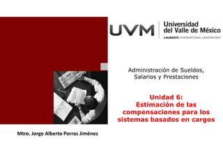 Administración de Sueldos,
                                         Salarios y Prestaciones


                                              Unidad 6:
                                          Estimación de las
                                       compensaciones para los
                                     sistemas basados en cargos

Mtro. Jorge Alberto Porras Jiménez
 