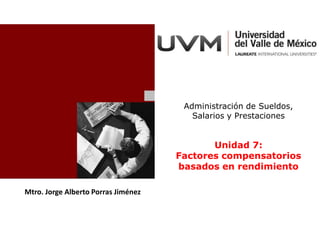 Administración de Sueldos,
                                        Salarios y Prestaciones


                                            Unidad 7:
                                     Factores compensatorios
                                     basados en rendimiento

Mtro. Jorge Alberto Porras Jiménez
 