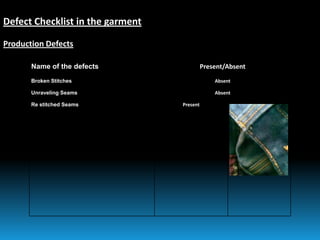 Name of the defects Present/Absent
Broken Stitches Absent
Unraveling Seams Absent
Re stitched Seams Present
Defect Checklist in the garment
Production Defects
 