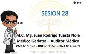 SESION 28
M.C. Mg. Juan Rodrigo Tuesta Nole
Médico Geriatra – Auditor Médico
CMP N° 56120 – RNE N° 30248 – RNA N° A06409
 