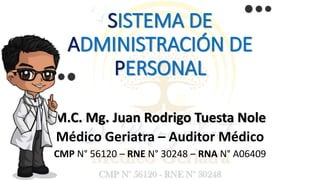 SISTEMA DE
ADMINISTRACIÓN DE
PERSONAL
M.C. Mg. Juan Rodrigo Tuesta Nole
Médico Geriatra – Auditor Médico
CMP N° 56120 – RNE N° 30248 – RNA N° A06409
 