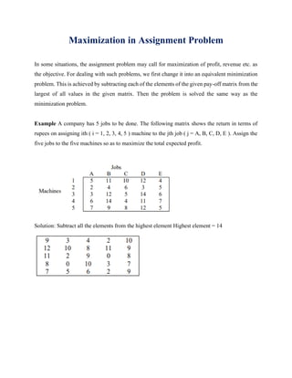 Maximization in Assignment Problem
In some situations, the assignment problem may call for maximization of profit, revenue etc. as
the objective. For dealing with such problems, we first change it into an equivalent minimization
problem. This is achieved by subtracting each of the elements of the given pay-off matrix from the
largest of all values in the given matrix. Then the problem is solved the same way as the
minimization problem.
Example A company has 5 jobs to be done. The following matrix shows the return in terms of
rupees on assigning ith ( i = 1, 2, 3, 4, 5 ) machine to the jth job ( j = A, B, C, D, E ). Assign the
five jobs to the five machines so as to maximize the total expected profit.
Solution: Subtract all the elements from the highest element Highest element = 14
 