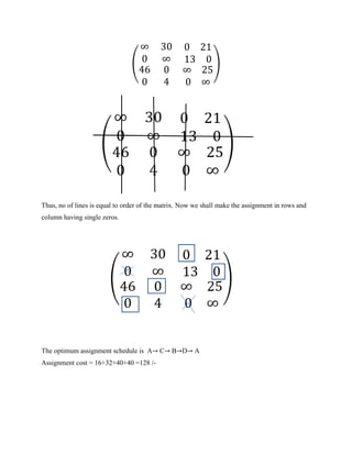 (
∞ 30 0 21
0 ∞ 13 0
46
0
0
4
∞ 25
0 ∞
)
Thus, no of lines is equal to order of the matrix. Now we shall make the assignment in rows and
column having single zeros.
The optimum assignment schedule is A→ C→ B→D→ A
Assignment cost = 16+32+40+40 =128 /-
 