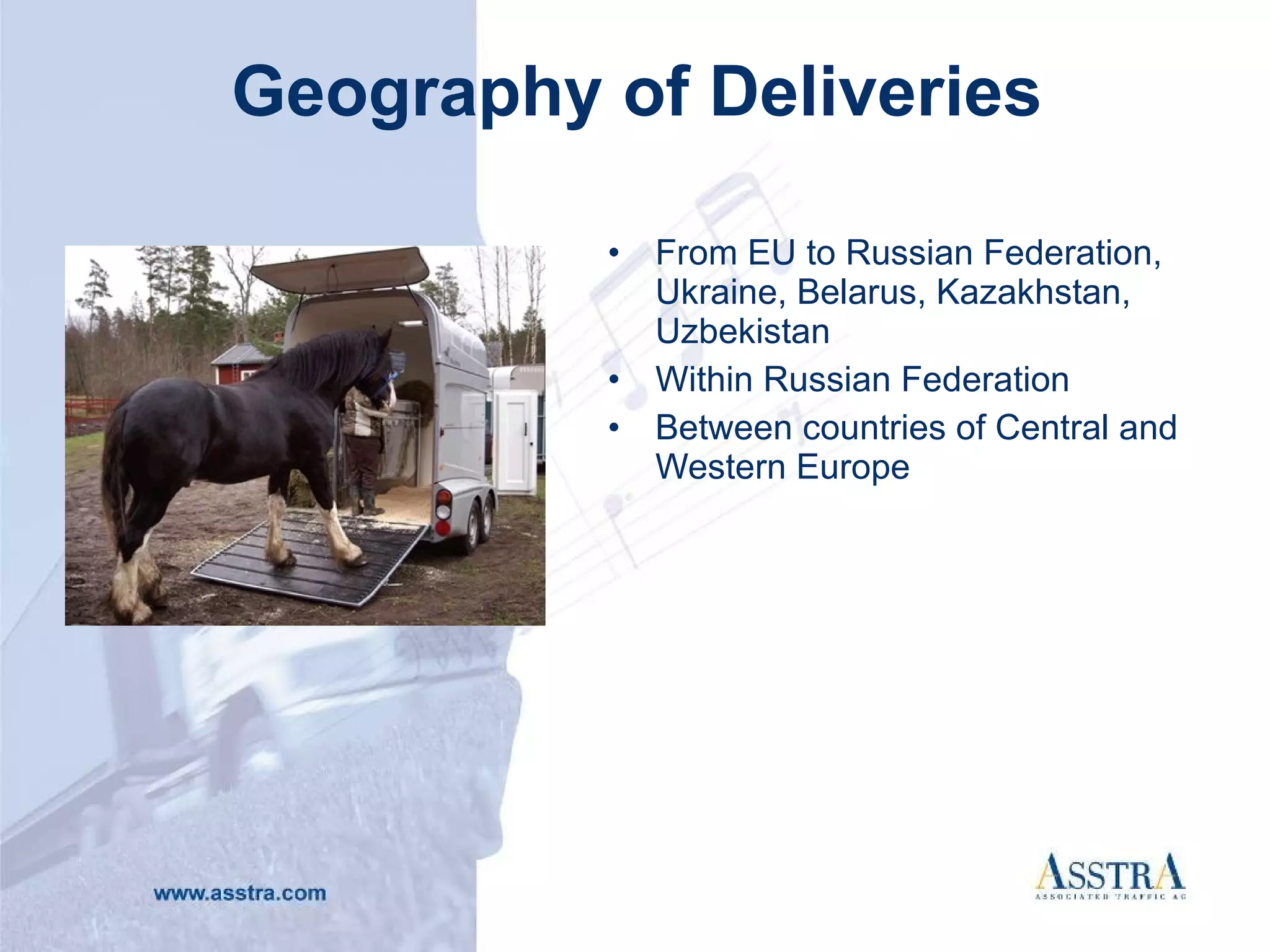 Geography of Deliveries From EU to Russian Federation ,  Ukraine,   Belarus ,  Kazakhstan ,  Uzbekistan Within Russian Federation Between countries of Central and Western Europe 