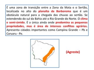 É uma zona de transição entre a Zona da Mata e o Sertão, localizada no alto do  planalto da Borborema  que é um obstáculo natural para a chegada das chuvas ao sertão. Se estendendo do sul da Bahia até o Rio Grande do Norte. O  clima e semi-úmido . É a única ainda onde  predomina as pequenas propriedades, mas é área de intensos conflitos agrários.  Apresenta cidades importantes como Campina Grande – Pb e Caruaru - Pe.  (Agreste) 