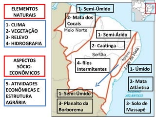 1- CLIMA 2- VEGETAÇÃO 3- RELEVO 4- HIDROGRAFIA ELEMENTOS NATURAIS ASPECTOS SÓCIO-ECONÔMICOS 5- ATIVIDADES ECONÔMICAS E ESTRUTURA AGRÁRIA 1- Semi-Úmido 2- Mata dos Cocais  1- Semi-Árido 2- Caatinga 4- Rios Intermitentes 1- Semi-Úmido 3- Planalto da Borborema 1- Úmido 2- Mata Atlântica 3- Solo de Massapê 
