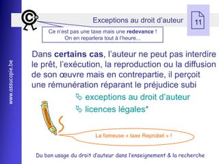 Exceptions au droit d’auteur
                        Ce n’est pas une taxe mais une redevance !
                              On en reparlera tout à l’heure...
                                                                                11



                   Dans certains cas, l’auteur ne peut pas interdire
                   le prêt, l’exécution, la reproduction ou la diffusion
www.assucopie.be




                   de son œuvre mais en contrepartie, il perçoit
                   une rémunération réparant le préjudice subi
                                  exceptions au droit d’auteur
                                  licences légales*

                                          La fameuse « taxe Reprobel » !


                    Du bon usage du droit d’auteur dans l’enseignement & la recherche
 