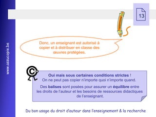  13




                          Donc, un enseignant est autorisé à
www.assucopie.be




                          copier et à distribuer en classe des
                                  œuvres protégées.




                              Oui mais sous certaines conditions strictes !
                           On ne peut pas copier n’importe quoi n’importe quand.
                          Des balises sont posées pour assurer un équilibre entre
                        les droits de l’auteur et les besoins de ressources didactiques
                                                  de l’enseignant.


                   Du bon usage du droit d’auteur dans l’enseignement & la recherche
 