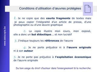 Conditions d’utilisation d’œuvres protégées
                                                                               
                   1.   Je ne copie que des courts fragments de textes mais
                    je peux copier l’intégralité d’un article de presse, d’une
                   photographie ou d’une œuvre graphique
www.assucopie.be




                           2.   La copie illustre mon cours, mon             exposé,
                   elle a donc un but didactique... et non lucratif

                   3. J’indique toujours les références de l’œuvre

                           4.  Je ne porte préjudice ni à l’œuvre originale
                   ni à son auteur

                   5. Je ne porte pas préjudice à l’exploitation économique
                   de l’œuvre originale


                    Du bon usage du droit d’auteur dans l’enseignement & la recherche
 