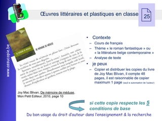 Œuvres littéraires et plastiques en classe 25
                                                                                                   
                                                           • Contexte
                                                            Ŕ Cours de français
www.assucopie.be




                                                            Ŕ Thème « le roman fantastique » ou
                                                              « la littérature belge contemporaine »
                                                            Ŕ Analyse de texte
                                                           • je peux
                                                            Ŕ Copier et distribuer les copies du livre
                                                              de Joy Mac Blivan, il compte 48
                                                              pages, il est raisonnable de copier
                                                              maximum 1 page (sauf si autorisation de l’auteur)

                   Joy Mac Blivan, De mémoire de méduse,
                   Mon Petit Editeur, 2010, page 10

                                                            si cette copie respecte les 5
                                                            conditions de base
                        Du bon usage du droit d’auteur dans l’enseignement & la recherche
 