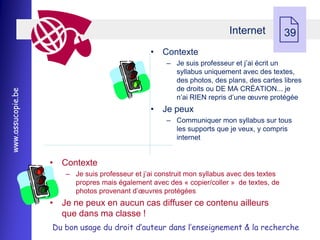 • Contexte
                                                                         Internet
                                                                                           39

                                                     Ŕ Je suis professeur et j’ai écrit un
                                                       syllabus uniquement avec des textes,
                                                       des photos, des plans, des cartes libres
                                                       de droits ou DE MA CRÉATION... je
www.assucopie.be




                                                       n’ai RIEN repris d’une œuvre protégée
                                                • Je peux
                                                     Ŕ Communiquer mon syllabus sur tous
                                                       les supports que je veux, y compris
                                                       internet


                   • Contexte
                      Ŕ Je suis professeur et j’ai construit mon syllabus avec des textes
                        propres mais également avec des « copier/coller » de textes, de
                        photos provenant d’œuvres protégées
                   • Je ne peux en aucun cas diffuser ce contenu ailleurs
                     que dans ma classe !
                   Du bon usage du droit d’auteur dans l’enseignement & la recherche
 