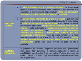 ASSUNTO – Solos 6
FFRRAAÇÇOOEESS
FFIINNAASS
MM O silte é instável por sua própria natureza, particularmente
quando aumenta a umidade, com tendência a fluir quando está
saturado. É relativamente impermeável, difícil de compactar,
facilmente erodível, sujeito ao “piping” e ebulição.
CC A característica marcante da argila é a coesão, que aumenta
ao diminuir a umidade. A permeabilidade da argila é muito baixa,
é difícil de compactar no estado úmido e impossível de drenar
por métodos ordinários; compactada é resistente a erosão e ao
“piping”. Está submetida a expansão e contração com as
variações da umidade. As propriedades não dependem
somente do tamanho e forma, mas também por sua
composição mineralógica (tipo de argilo-mineral) e o meio
químico (capacidade de troca de cátions). Em geral, o argilo-
mineral montmorilonita tem um maior efeito sobre as
propriedades, sendo este efeito mínimo no caso da ilita e
caulinita.
MMAATTÉÉRRIIAA
OORRGGÂÂNNIICCAA
OO A presença de matéria orgânica inclusive em quantidades
moderadas faz aumentar a compressibilidade e reduz a
estabilidade das frações finas dos solos. Podem decompor-se
criando vazios. Os solos orgânicos não são adequados para uso
em engenharia..
 