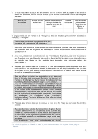 6
5. Si vous avez détenu au cours des dix dernières années au moins 20 % du capital ou des droits de
vote d’une entreprise, été un associé en nom ou un associé commandité d'une autre entreprise,
précisez :
Nom de ces
entreprises
Activité de ces
entreprises
Niveau de participation
(en pourcentage du
capital et en droits de
vote)
Période
concernée
Lien entre ces
entreprises et
l’organisme qui
dépose le
dossier
6. Engagements pris en France ou à l’étranger au titre des fonctions précédemment exercées en
France ou à l’étranger :
Êtes-vous lié par certains engagements à ce titre
(clause de non concurrence, par exemple) ?
7. avez-vous, directement ou indirectement par l’intermédiaire de proches3
, des liens financiers ou
non financiers avec les dirigeants, les membres du conseil de l’entreprise mentionnée dans ce
questionnaire ?
8. Avez-vous, directement ou indirectement par l’intermédiaire de proches, des liens financiers ou
non financiers avec les dirigeants, les membres du conseil de la maison-mère, des actionnaires
de contrôle, des filiales ou des sociétés dans lesquelles cette entreprise détient des
participations ?
9. Précisez, pour chacun des cas ci-dessous, si l'une des entreprises dans lesquelles vous avez
exercé au cours des dix dernières années ou exercez encore des responsabilités ou des fonctions
de dirigeant ou dont vous détenez une participation d’au moins 20 %, êtes ou avez été un associé
en nom ou un associé commandité :
S’est vu refuser ou retirer une autorisation ou un agrément
dans le domaine des assurances, bancaire, ou financier, en
France ou à l'étranger ou d’une mesure de redressement ou
liquidation judiciaires en précisant les procédures en cours.
A vu ses commissaires aux comptes ou les contrôleurs légaux
pour les entreprises ayant leur siège social à l’étranger refuser
de certifier les comptes ou assortir leur certification de réserves
A fait l'objet d'une condamnation pénale, d'une sanction
administrative ou disciplinaire prise par une autorité de contrôle
ou une organisation professionnelle, notamment une mesure
de suspension ou d’exclusion d’une organisation
professionnelle en France ou à l'étranger. Une telle procédure
est-elle en cours ?
10. Précisez, pour chacun des cas ci-dessous, si vous avez fait l’objet au cours des dix dernières
années :
d'une condamnation pénale, d’une interdiction de gérer, d’une
sanction administrative ou disciplinaire d'une autorité de
contrôle ou professionnelle ou d'une mesure de suspension
ou d'exclusion d'une organisation professionnelle en France
ou à l'étranger. Faites-vous actuellement l’objet d’une telle
procédure ?
d'un licenciement pour faute professionnelle ou d’une
3
Un conjoint, un partenaire, un cohabitant, un enfant, un parent ou toute autre relation avec laquelle le candidat partage un
logement.
 