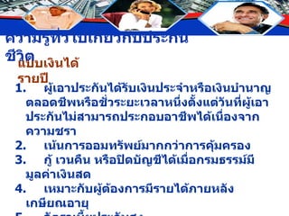 แบบเงินได้รายปี 1. ผู้เอาประกันได้รับเงินประจำหรือเงินบำนาญตลอดชีพหรือชั่วระยะเวลาหนึ่งตั้งแต่วันที่ผู้เอาประกันไม่สามารถประกอบอาชีพได้เนื่องจากความชรา 2. เน้นการออมทรัพย์มากกว่าการคุ้มครอง 3. กู้ เวนคืน หรือปิดบัญชีได้เมื่อกรมธรรม์มีมูลค่าเงินสด 4. เหมาะกับผู้ต้องการมีรายได้ภายหลังเกษียณอายุ 5. อัตราเบี้ยประกันสูง 6. ชำระเบี้ยประกันอัตราคงที่ภายในระยะเวลาที่กำหนดในสัญญา 7. ไม่มีลักษณะคล้ายประกันวินาศภัย 