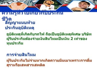 สัญญาแนบท้ายประกันอุบัติเหตุ อุบัติเหตุที่เกิดกับรถไฟ ถือเป็นอุบัติเหตุพิเศษ บริษัทผู้รับประกันต้องจ่ายเงินสินไหมเป็นเงิน  2  เท่าของทุนประกัน การจ่ายสินไหม ผู้รับประกันไม่จ่ายหากเกิดความมึนเมาเพราะการดื่มสุราหรือเสพสารเสพติด 
