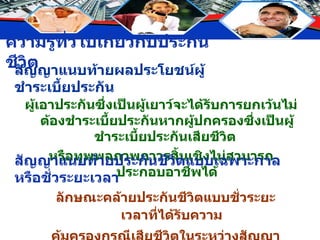 สัญญาแนบท้ายผลประโยชน์ผู้ชำระเบี้ยประกัน ผู้เอาประกันซึ่งเป็นผู้เยาว์จะได้รับการยกเว้นไม่ต้องชำระเบี้ยประกันหากผู้ปกครองซึ่งเป็นผู้ชำระเบี้ยประกันเสียชีวิต  หรือทุพพลภาพถาวรสิ้นเชิงไม่สามารถประกอบอาชีพได้ สัญญาแนบท้ายประกันชีวิตแบบเฉพาะกาลหรือชั่วระยะเวลา ลักษณะคล้ายประกันชีวิตแบบชั่วระยะเวลาที่ได้รับความ คุ้มครองกรณีเสียชีวิตในระหว่างสัญญาเท่านั้น 