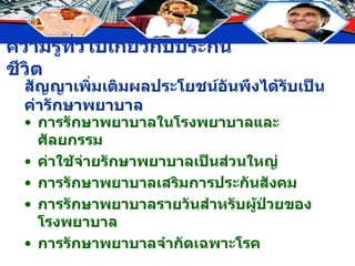 สัญญาเพิ่มเติมผลประโยชน์อันพึงได้รับเป็นค่ารักษาพยาบาล การรักษาพยาบาลในโรงพยาบาลและศัลยกรรม ค่าใช้จ่ายรักษาพยาบาลเป็นส่วนใหญ่ การรักษาพยาบาลเสริมการประกันสังคม การรักษาพยาบาลรายวันสำหรับผู้ป่วยของโรงพยาบาล การรักษาพยาบาลจำกัดเฉพาะโรค 