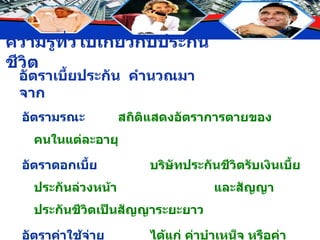 อัตราเบี้ยประกัน  คำนวณมาจาก อัตรามรณะ  สถิติแสดงอัตราการตายของคนในแต่ละอายุ อัตราดอกเบี้ย บริษัทประกันชีวิตรับเงินเบี้ยประกันล่วงหน้า  และสัญญาประกันชีวิตเป็นสัญญาระยะยาว อัตราค่าใช้จ่าย ได้แก่ ค่าบำเหน็จ หรือค่าบำเหน็จพิเศษที่จ่าย ให้กับตัวแทนค่าตรวจโรคและค่าขยายงาน 