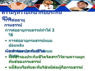 การต่ออายุกรมธรรม์ การต่ออายุกรมธรรม์ทำได้  2  วิธี การต่ออายุกรมธรรม์แบบย้อนหลัง การต่ออายุกรมธรรม์แบบพิเศษ เงินสำรองประกันชีวิต เงินสำรองประกันชีวิตจัดสรรไว้ตามความผูกพันธ์ของกรมธรรม์ หนี้สินหรือพันธะที่บริษัทมีต่อผู้ถือกรมธรรม์ 