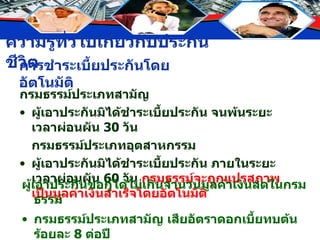 การชำระเบี้ยประกันโดยอัตโนมัติ กรมธรรม์ประเภทสามัญ ผู้เอาประกันมิได้ชำระเบี้ยประกัน จนพ้นระยะเวลาผ่อนผัน  30  วัน กรมธรรม์ประเภทอุตสาหกรรม ผู้เอาประกันมิได้ชำระเบี้ยประกัน ภายในระยะเวลาผ่อนผัน  60  วัน  กรมธรรม์จะถูกแปรสภาพเป็นมูลค่าเงินสำเร็จโดยอัตโนมัติ ผู้เอาประกันขอกู้ได้ไม่เกินจำนวนมูลค่าเงินสดในกรมธรรม์ กรมธรรม์ประเภทสามัญ เสียอัตราดอกเบี้ยทบต้นร้อยละ  8  ต่อปี กรมธรรม์ประเภทอุตสาหกรรม เสียอัตราดอกเบี้ยทบต้นร้อยละ  10  ต่อปี 