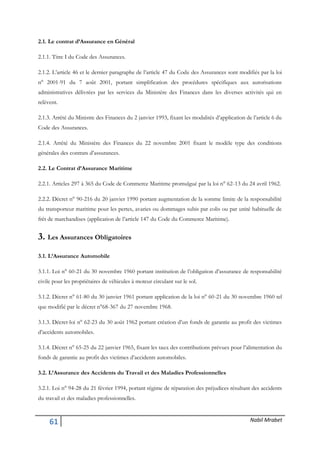 61 Nabil Mrabet
2.1. Le contrat d’Assurance en Général
2.1.1. Titre I du Code des Assurances.
2.1.2. L’article 46 et le dernier paragraphe de l’article 47 du Code des Assurances sont modifiés par la loi
n° 2001-91 du 7 août 2001, portant simplification des procédures spécifiques aux autorisations
administratives délivrées par les services du Ministère des Finances dans les diverses activités qui en
relèvent.
2.1.3. Arrêté du Ministre des Finances du 2 janvier 1993, fixant les modalités d’application de l’article 6 du
Code des Assurances.
2.1.4. Arrêté du Ministère des Finances du 22 novembre 2001 fixant le modèle type des conditions
générales des contrats d’assurances.
2.2. Le Contrat d’Assurance Maritime
2.2.1. Articles 297 à 365 du Code de Commerce Maritime promulgué par la loi n° 62-13 du 24 avril 1962.
2.2.2. Décret n° 90-216 du 20 janvier 1990 portant augmentation de la somme limite de la responsabilité
du transporteur maritime pour les pertes, avaries ou dommages subis par colis ou par unité habituelle de
frêt de marchandises (application de l’article 147 du Code du Commerce Maritime).
3. Les Assurances Obligatoires
3.1. L’Assurance Automobile
3.1.1. Loi n° 60-21 du 30 novembre 1960 portant institution de l’obligation d’assurance de responsabilité
civile pour les propriétaires de véhicules à moteur circulant sur le sol.
3.1.2. Décret n° 61-80 du 30 janvier 1961 portant application de la loi n° 60-21 du 30 novembre 1960 tel
que modifié par le décret n°68-367 du 27 novembre 1968.
3.1.3. Décret-loi n° 62-23 du 30 août 1962 portant création d’un fonds de garantie au profit des victimes
d’accidents automobiles.
3.1.4. Décret n° 65-25 du 22 janvier 1965, fixant les taux des contributions prévues pour l’alimentation du
fonds de garantie au profit des victimes d’accidents automobiles.
3.2. L’Assurance des Accidents du Travail et des Maladies Professionnelles
3.2.1. Loi n° 94-28 du 21 février 1994, portant régime de réparation des préjudices résultant des accidents
du travail et des maladies professionnelles.
 