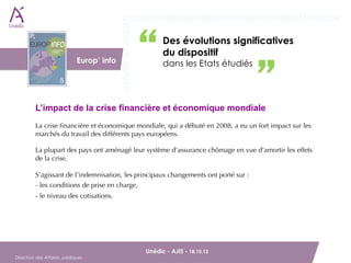 Des évolutions significatives
                          DAJ                       du dispositif
                              Europ’ info           dans les Etats étudiés




         L’impact de la crise financière et économique mondiale
         La crise ﬁnancière et économique mondiale, qui a débuté en 2008, a eu un fort impact sur les
         marchés du travail des différents pays européens.

         La plupart des pays ont aménagé leur système d’assurance chômage en vue d’amortir les effets
         de la crise.

         S’agissant de l’indemnisation, les principaux changements ont porté sur :
         - les conditions de prise en charge,
         - le niveau des cotisations.




        Unédic - AJIS - 18.10.12                                          
Direction des Affaires Juridiques
 