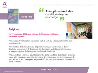 Assouplissement des
                          DAJ                        conditions de prise
                              Europ’ info            en charge



        Belgique
        Le 1er novembre 2012, une réforme de l’assurance chômage 
        entrera en vigueur :

        • le niveau de l’allocation passera de 60% à 65% du salaire plafonné les trois
        premiers mois,
        • le montant de l’allocation est dégressif ensuite, en fonction de la durée
        d’activité antérieure et de la période de chômage ; après la première année, 
        le montant dépend de la situation familiale de l’intéressé ;
        • la période de référence pour la recherche de la condition d’afﬁliation minimale
        passe à 21 mois pour les moins de 36 ans, à 33 mois pour les personnes âgés de
        36 à 49 ans et à 42 mois pour les plus de 50 ans  (auparavant respectivement 18,
        27 et 36 mois).



        Unédic - AJIS - 18.10.12                                           
Direction des Affaires Juridiques
 