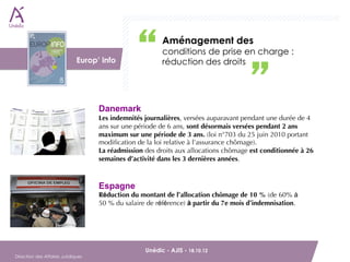 Aménagement des
                          DAJ                            conditions de prise en charge :
                              Europ’ info                réduction des droits




                                    Danemark
                                    Les indemnités journalières, versées auparavant pendant une durée de 4
                                    ans sur une période de 6 ans, sont désormais versées pendant 2 ans
                                    maximum sur une période de 3 ans. (loi n°703 du 25 juin 2010 portant
                                    modiﬁcation de la loi relative à l’assurance chômage).
                                    La réadmission des droits aux allocations chômage est conditionnée à 26
                                    semaines d’activité dans les 3 dernières années.



                                    Espagne
                                    Réduction du montant de l’allocation chômage de 10 % (de 60% à
                                    50 % du salaire de référence) à partir du 7e mois d’indemnisation.




        Unédic - AJIS - 18.10.12                                             
Direction des Affaires Juridiques
 