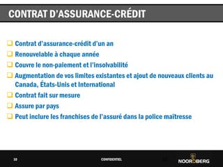 Cliquez pour modifier le style du titre
 Contrat d’assurance-crédit d’un an
 Renouvelable à chaque année
 Couvre le non-paiement et l’insolvabilité
 Augmentation de vos limites existantes et ajout de nouveaux clients au
Canada, États-Unis et International
 Contrat fait sur mesure
 Assure par pays
 Peut inclure les franchises de l’assuré dans la police maîtresse
CONFIDENTIEL 10
CONTRAT D’ASSURANCE-CRÉDIT
10
 