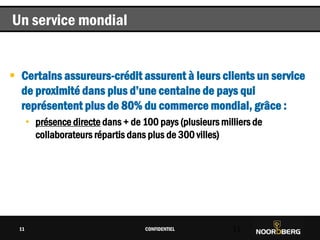 Cliquez pour modifier le style du titre
 Certains assureurs-crédit assurent à leurs clients un service
de proximité dans plus d’une centaine de pays qui
représentent plus de 80% du commerce mondial, grâce :
• présence directe dans + de 100 pays (plusieurs milliers de
collaborateurs répartis dans plus de 300 villes)
CONFIDENTIEL 11
Un service mondial
11
 