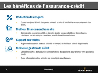 Cliquez pour modifier le style du titre
Réduction des risques
 Couverture jusqu’à 90 % des pertes subies à la suite d'une faillite ou non-paiement d’un
client.
Meilleur financement bancaire
 Donnez votre assurance-crédit en garantie à votre banque et obtenez de meilleures
conditions sur vos comptes canadiens, américains et internationaux
Support aux ventes
 Augmentez vos ventes en toute sécurité et octroyez de meilleurs termes de paiement.
Meilleure gestion de crédit
 Utilisez l’expertise de l’assureur sur la solvabilité de vos clients pour orienter votre gestion de
crédit.
 Toute information même négative est importante pour l’assuré.
CONFIDENTIEL 21
Les bénéfices de l’assurance-crédit
21
 