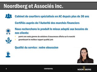 Cliquez pour modifier le style du titre
Cabinet de courtiers spécialisés en AC depuis plus de 30 ans
Certifiés auprès de l’Autorité des marchés financiers
Nous recherchons le produit le mieux adapté aux besoins de
nos clients:
 parmi une vaste gamme de solutions d’assurances offerte sur le marché
 garantissant le meilleur rapport qualité/prix
Qualité du service : notre obsession
CONFIDENTIEL 3
Noordberg et Associés inc.
3
 