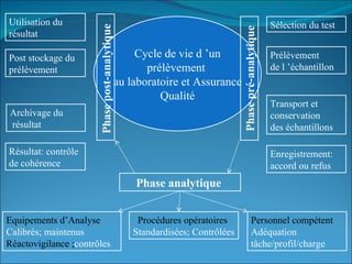 Utilisation du                                                                                        Sélection du test




                       Phase post-analytique




                                                                               Phase pré-analytique
résultat

Post stockage du                                    Cycle de vie d ’un                                Prélèvement
prélèvement                                           prélèvement                                     de l ’échantillon
                                               au laboratoire et Assurance
                                                         Qualité
                                                                                                      Transport et
Archivage du                                                                                          conservation
résultat                                                                                              des échantillons

Résultat: contrôle                                                                                    Enregistrement:
de cohérence                                                                                          accord ou refus
                                                   Phase analytique


Equipements d’Analyse                               Procédures opératoires                Personnel compétent
Calibrés; maintenus                                Standardisées; Contrôlées              Adéquation
Réactovigilance ;contrôles                                                                tâche/profil/charge
 