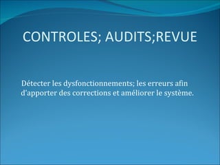CONTROLES; AUDITS;REVUE

Détecter les dysfonctionnements; les erreurs afin
d’apporter des corrections et améliorer le système.
 