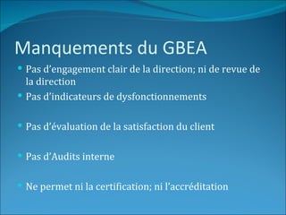 Manquements du GBEA
 Pas d’engagement clair de la direction; ni de revue de
  la direction
 Pas d’indicateurs de dysfonctionnements


 Pas d’évaluation de la satisfaction du client


 Pas d’Audits interne


 Ne permet ni la certification; ni l’accréditation
 