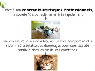 Les dommages
• Au titre des risques locatifs 40 000 € (il était locataire)
• Les aménagements faits par l’assuré 30 000 € (il s’agit
d’aménagements professionnels)
• Matériels et Marchandises 120 000 € (photocopieurs,
consommables,…)
• Perte d’exploitation 50 000 (marge perdue)
 