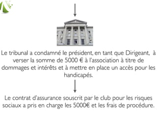 Aucun accès pour les handicapés n’a été
                                           Le président d’un
mis en place ce qui ne permet pas à aux      club de sport
supporters d’assister aux matchs de leur
équipe.


       Mis en cause pour pour discrimination à
       l’égard des supporters handicapés  par une
       association de défense des droits des
       handicapés physiques
 